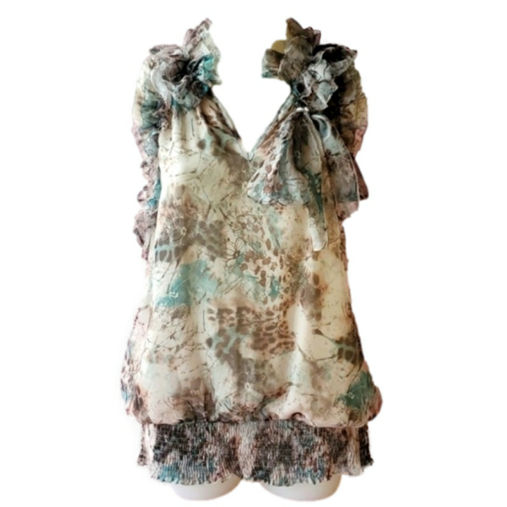 Spring summer sheer Embroidered Floral Ruffle ruched collar sleeveless blouse